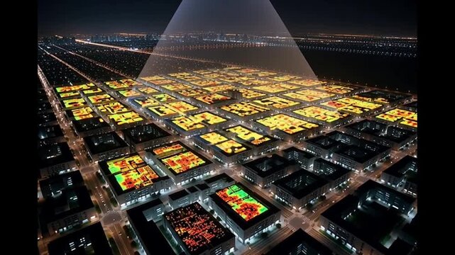 Illuminated cityscape with thermal imaging overlay, revealing heat patterns across urban structures