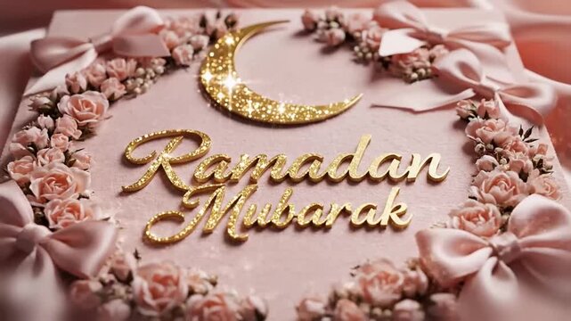 pastel pink background with a thin gold crescent tiny blush flowers and bows soft glow lighting and centered elegant text ramadan mubarak coquette luxury greeting card style