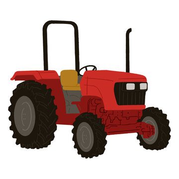Red tractor illustration on black background, viewed from the front side.