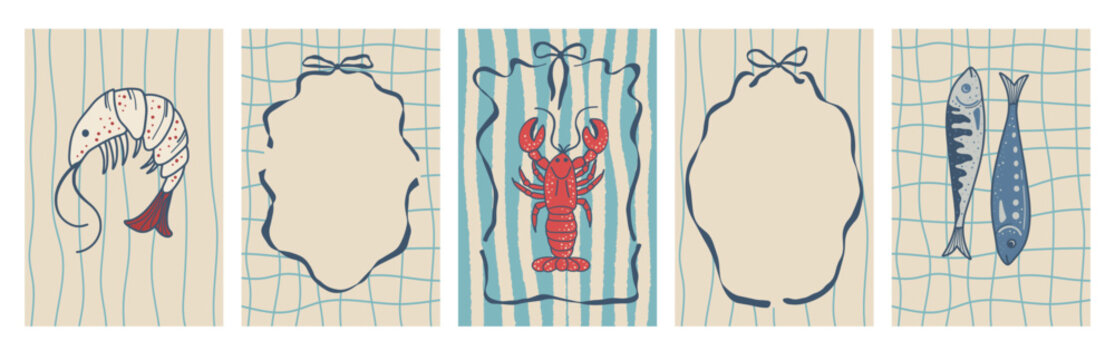 Decorative Italian seafood frame illustration inspired by Amalfi Coast. Whimsical lace border for summer menu design, food poster, kitchen print and coastal art.