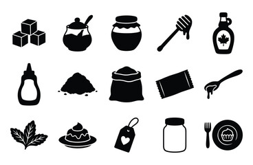 Collection of 15 black icons showing sugar, honey, maple syrup, and sweets on a transparent background