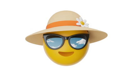 Smiling yellow emoji wearing sunglasses and hat smiling face isolated on a transparent background