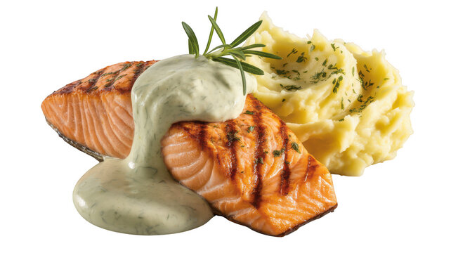 Grilled salmon fillet with mashed potatoes and creamy dill sauce transparent background