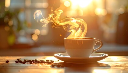 Steaming Hot Coffee Cup with Coffee Beans and Warm Sunlight Glow.