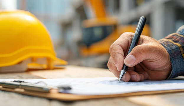 A man's hand writing on a form with a pen at a construction site, yellow safety helmet in the background