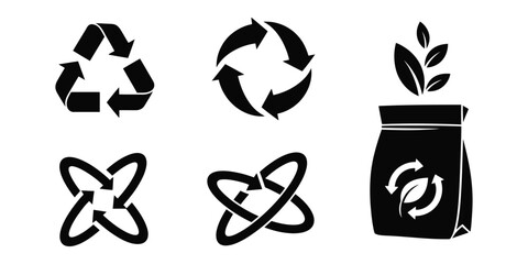 Minimal Recycling Silhouette Vector Icon Set with Circular Eco Symbol Variations