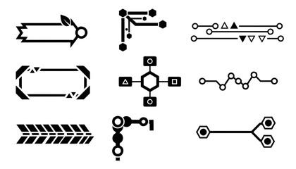 Obraz premium Collection of black futuristic technology interface elements featuring digital circuit lines, geometric borders, and abstract network data shapes.
