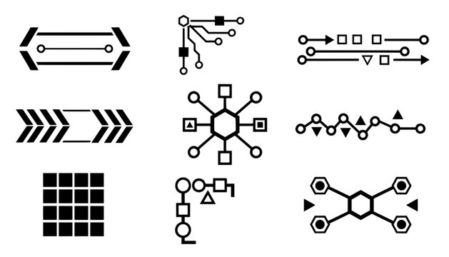 Abstract circuit connections set featuring data network nodes, arrow dividers, and grid patterns for futuristic digital interface design projects.