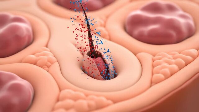 Detailed 3D animation of a hair follicle showing active ingredients stimulating new hair growth.