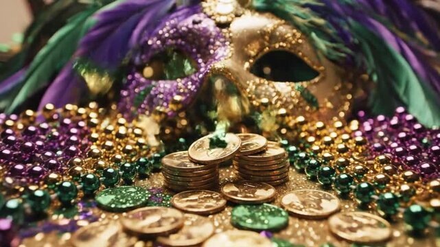 A purple green and gold feathered festival mask sits among shiny beaded necklaces and stacks of gold coins on a glittery surface