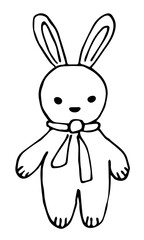 Simple hand-drawn vector drawing in black outline, sketch in ink. A little bunny toy, a rabbit with a scarf. Cute baby animals.