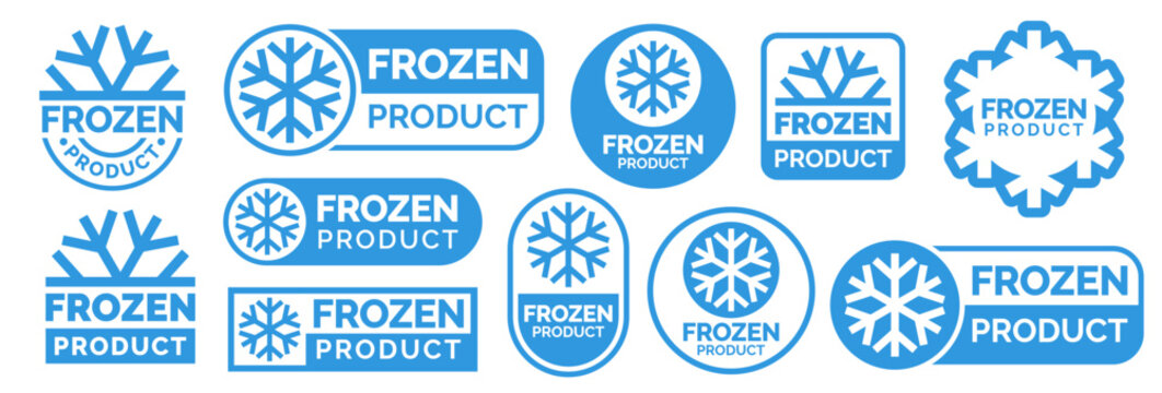 Frozen product food package label. Fresh frozen food product icon logo, badge, sticker, emblem, stamp, symbol, black, line circle, flat vector, isolated illustration. Snowflake icon.