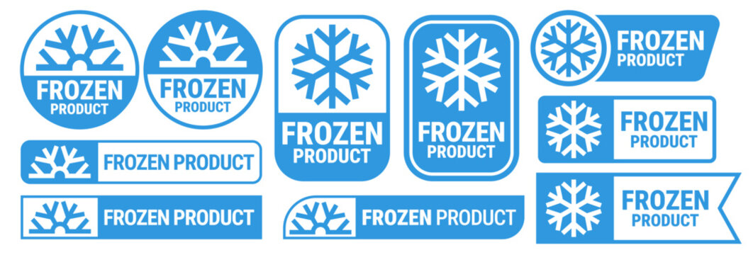 Frozen product food package label. Fresh frozen food product icon logo, badge, sticker, emblem, stamp, symbol, black, line circle, flat vector, isolated illustration. Snowflake icon.