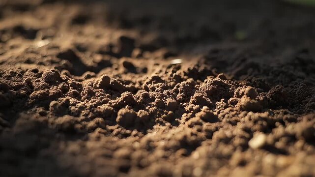 Close-up of brown soil with soft shadows and sunlight