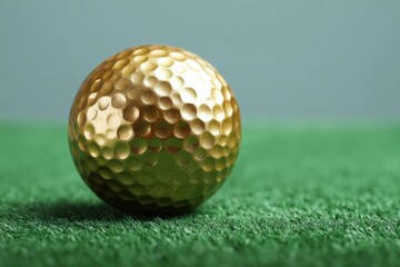 Gleaming gold golf ball resting on bright green turf in a serene setting, capturing the essence of the game and the allure of the sport outdoors