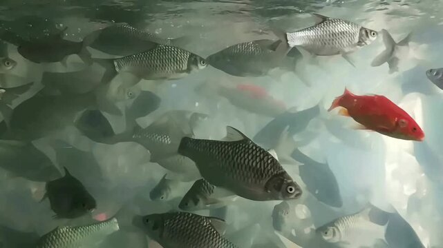 Large group of silver Java Barb fish swimming with colorful Koi and goldfish in a clear freshwater aquarium. High-density schooling fish for nature and aquaculture concepts