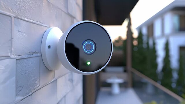 A sleek white AI security camera mounted on a modern home exterior wall, lens with blue LED indicator light, smart motion detection sensor visible