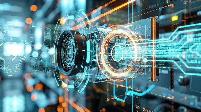 AI security camera with transparent casing showing internal edge computing hardware, embedded AI chip visible, real-time video analytics processing, holographic data streams overlay