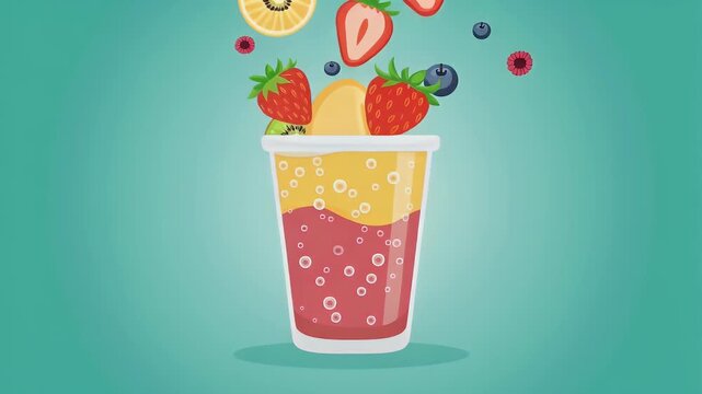 A colorful illustration of a cup filled with a layered drink and topped with various fruits, including strawberries, blueberries, and pineapple, against a teal background with a shallow