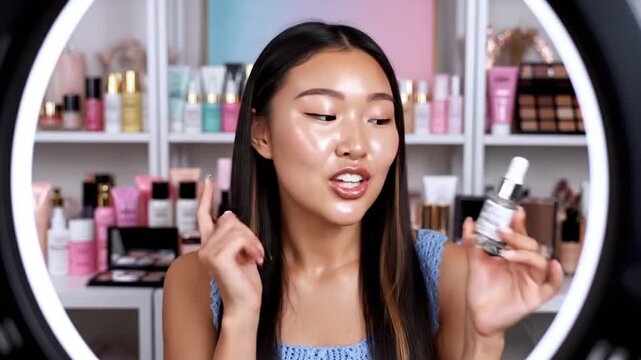 Woman Applying Serum in Beauty Studio.