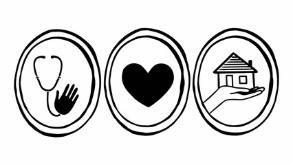 Obraz premium Simple black and white illustration of health, love, and home symbols in circular frames