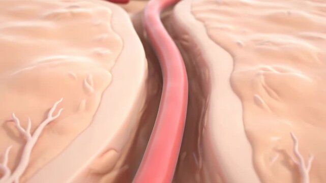 Detailed 3D animation of a red, flexible, worm-like structure navigating intricate organic tissue pathways.