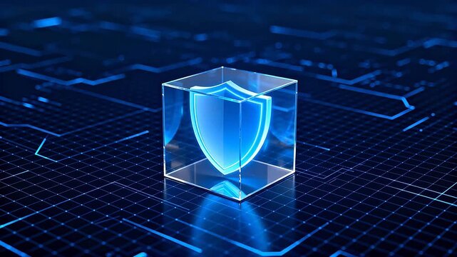 Digital shield icon enclosed in a transparent cube on a futuristic circuit grid background
