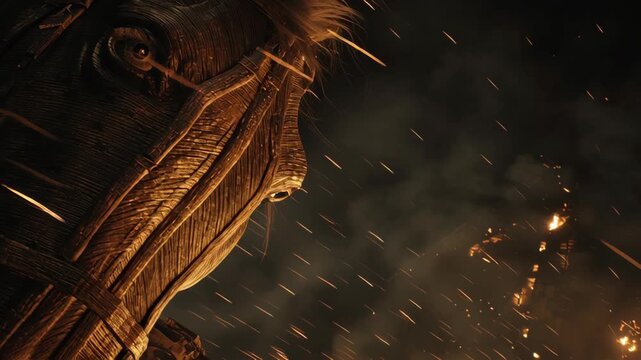 Dramatic scene of a wooden Trojan horse amidst fire and sparks with intense lighting and cinematic composition  symbolizing ancient Greek mythology and deception