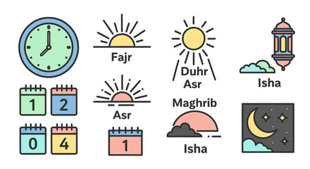 Naklejka premium Islamic prayer times illustrated with icons and calendar dates.
