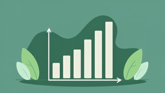 Flat lay illustration of a chart with rising bars surrounded by green leaves on a muted green background, conveying growth in an evergreen business or industry with a natural and calming