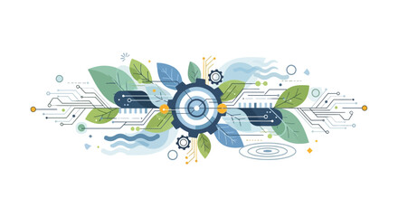 Eco friendly technology concept with gear leaves and circuit board elements on white background