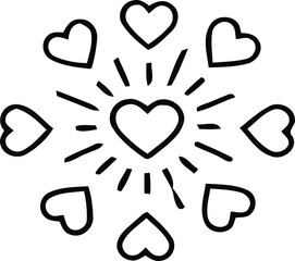 Hand drawn heart symbols forming a circular pattern around a central heart