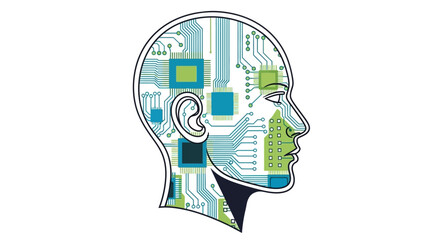 Circuit board human head profile with green blue squares and lines on white background