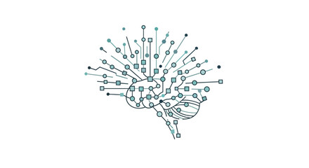 Brain with glowing circuit board connections and digital nodes on white background
