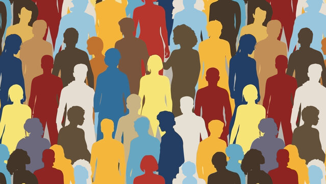 Diverse Crowd Of People Silhouettes In Many Colors.