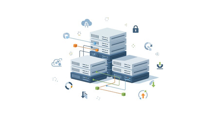 Servers connected with secure network and cloud storage icons