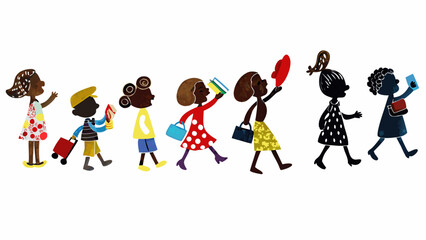 Fototapeta premium A colorful illustration of diverse children walking in a line carrying various items