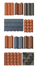 Various roof tile types and colors arranged in a grid pattern.