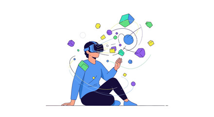 Man wearing vr headset interacting with colorful floating geometric shapes