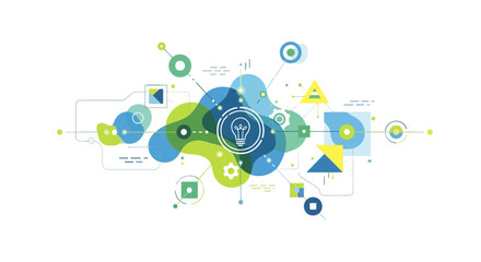 Innovative technology concept with light bulb and geometric shapes in blue and green