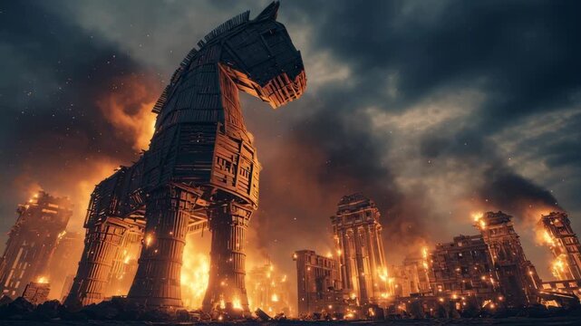 Epic depiction of the fallen Trojan Horse in a fiery  apocalyptic landscape inspired by Greek mythology and ancient Troy destruction scene