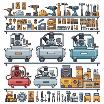 Shelves with air compressors tools and hardware in a workshop or garage.