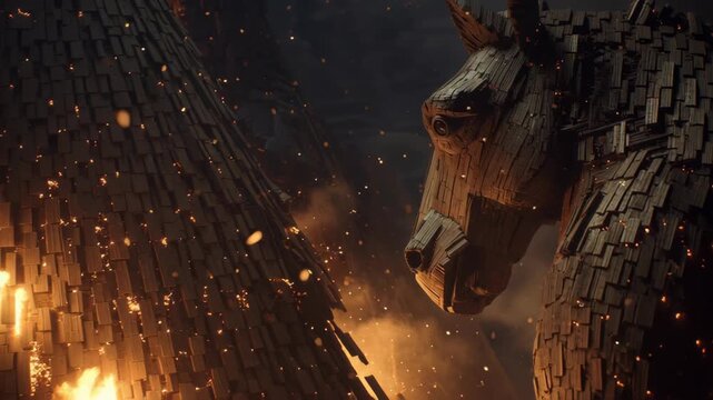 Epic Digital Art of a Wooden Trojan Horse in a Dark  Fiery Scene Inspired by Greek Mythology and the Legend of Troy