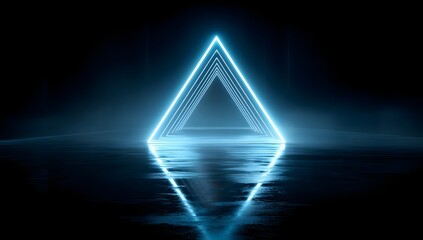 glowing blue neon triangular tunnel illuminated in dark moody atmosphere reflected on wet floor stage futuristic abstract background glowing light streaks creating sense of depth
