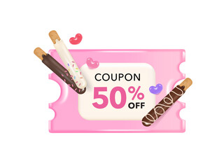 Happy valentine day coupon discount tag label with Pepero illustration.