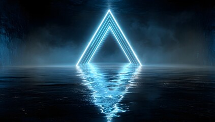 Abstract glowing blue neon light lines forming geometric futuristic triangle portal reflecting on dark wet ground creating mysterious sci fi atmosphere tunnel background