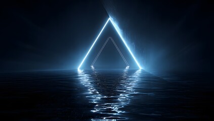 Bright blue neon pyramid shape reflects on rippling dark water in futuristic dark setting with wall structure