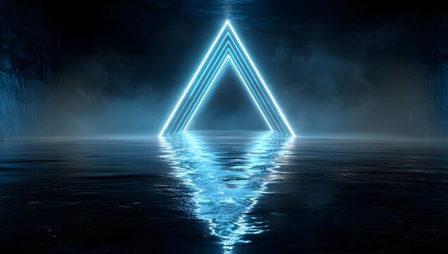 Abstract glowing blue neon light lines forming geometric futuristic triangle portal reflecting on dark wet ground creating mysterious sci fi atmosphere tunnel background