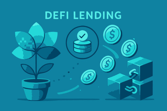 DeFi Lending Illustration Flower Growth and Financial Cubes.