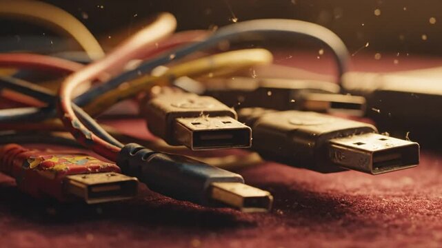Close-up of a tangled bundle of dusty USB cables, with a soft, warm light and bokeh